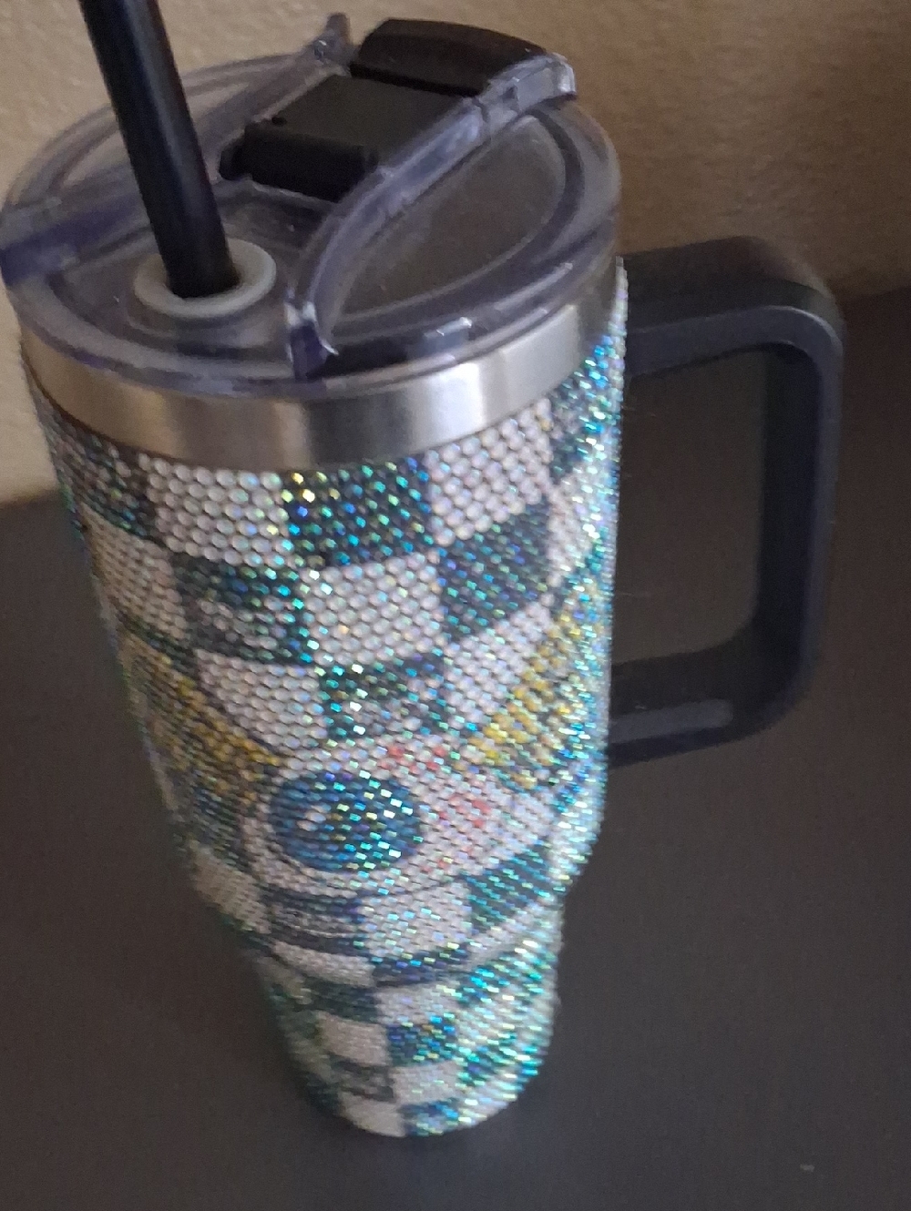 Von Dutch Rhinestone Checker Tumbler in Teal, White, Silver